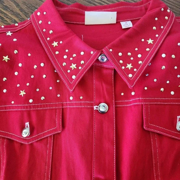 Quacker Factory Shirt Jacket Womens Medium Red Rhinestone Embellished Western - Picture 5 of 7